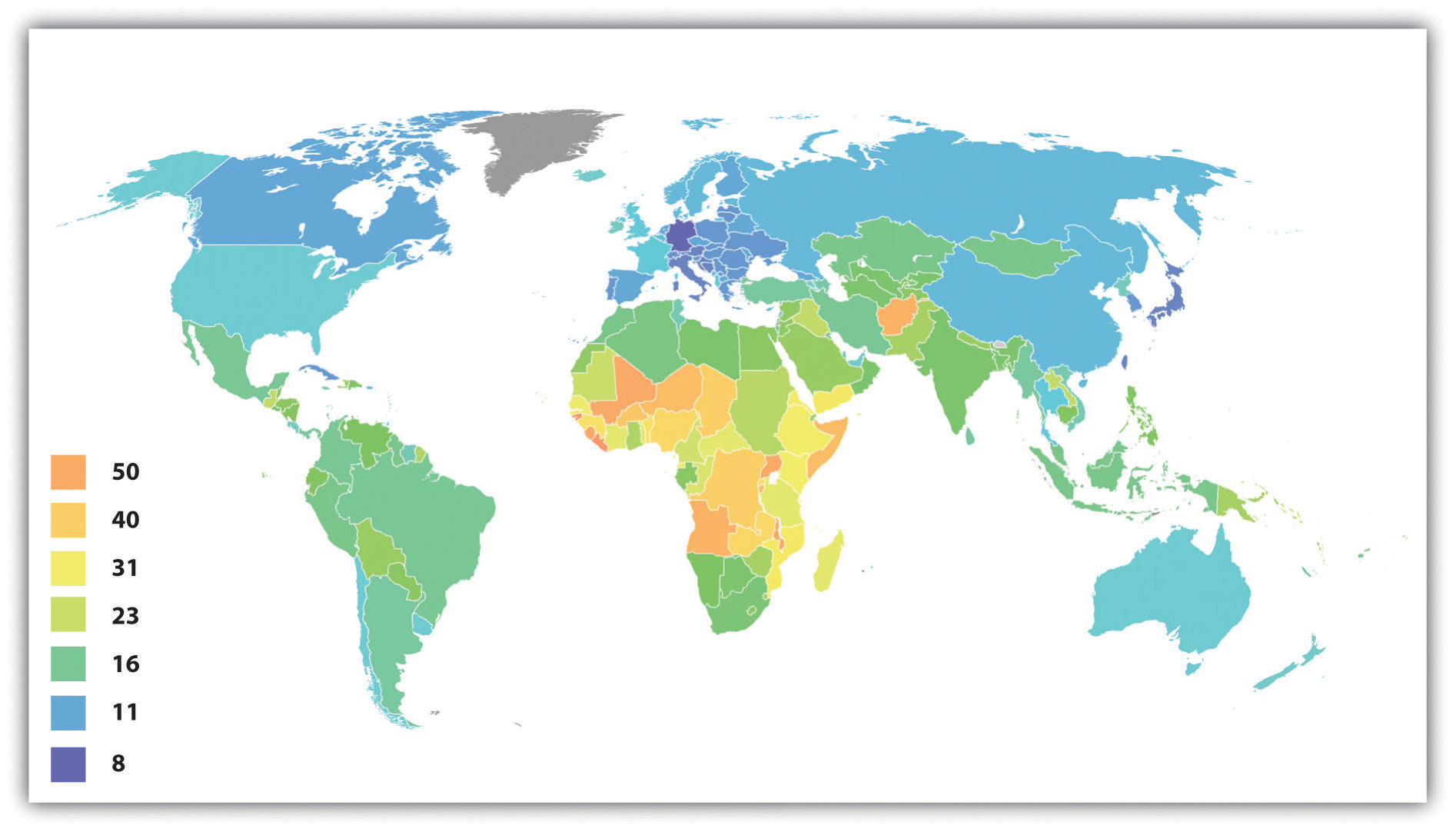 Crude Birth Rates Around the World, 2008 (Number of Births per 1,000 Population)