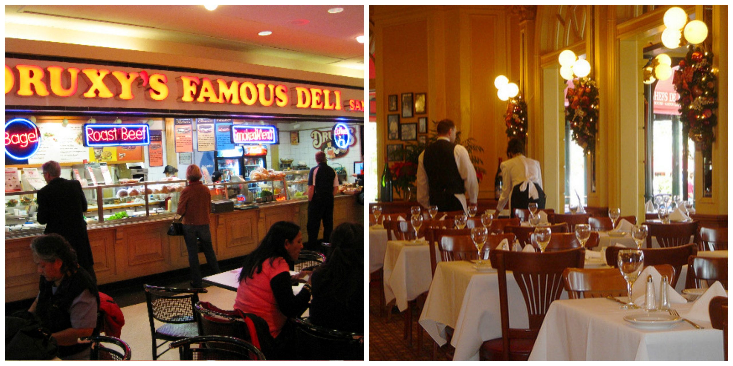 Eaton Centre Food Hall's Famous Deli, and a fancy restaurant pictured side by side