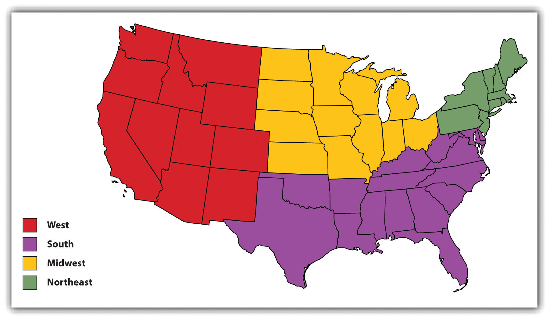 The US separated into sections: west, south, midwest, and northeast