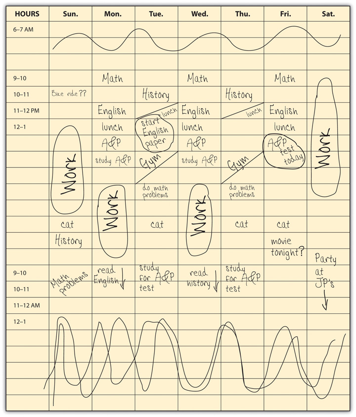 Example of a Student's Weekly Planner Page with Class Times and Important Study Sessions