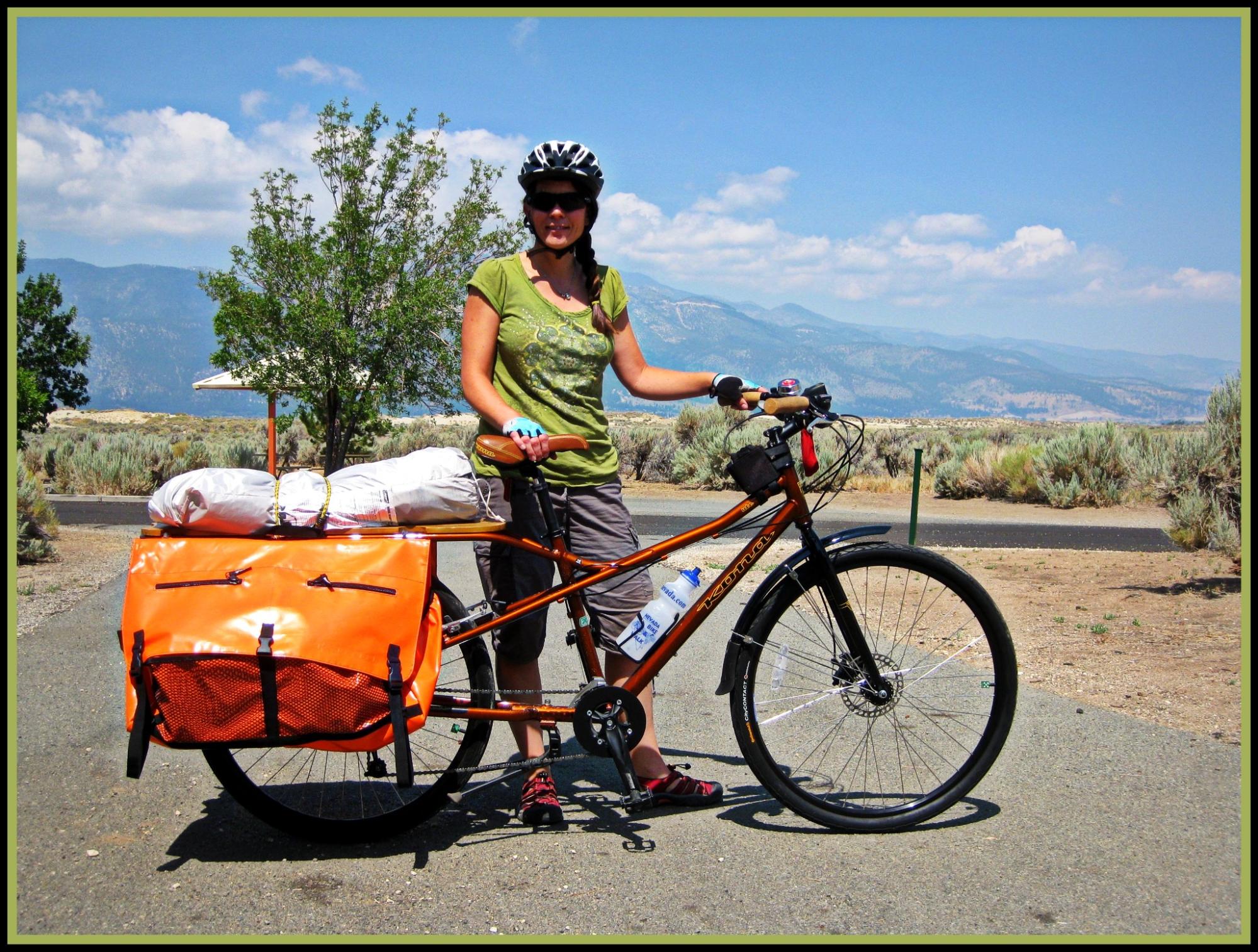 A biker with camping equipment