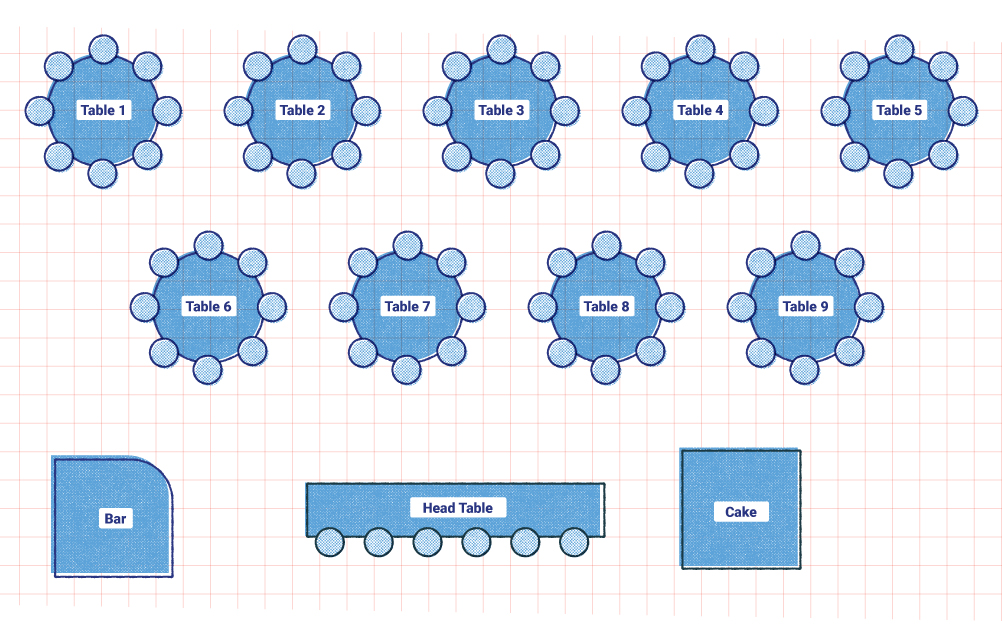 A seating chart for an event with labels for Tables, Cake, Bar and Head Table