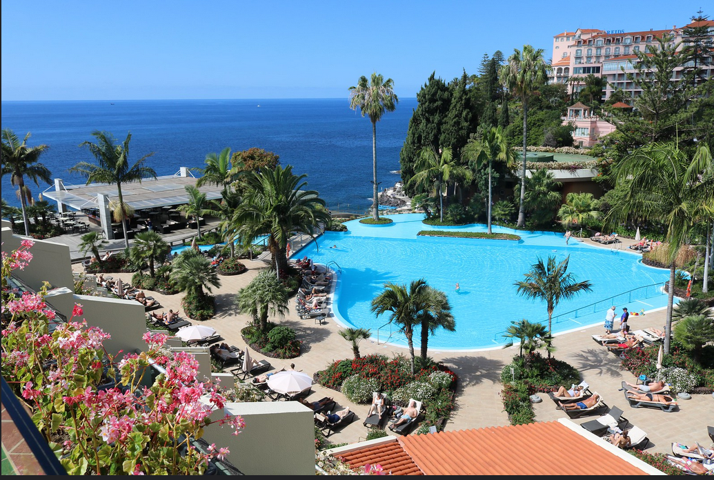 A swimming pool at a beach front hotel is surrounded by palm trees.