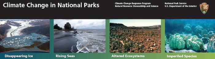 Poster shows four photographs portraying disappearing ice, rising seas, altered ecosystems, and imperiled species, respectively.