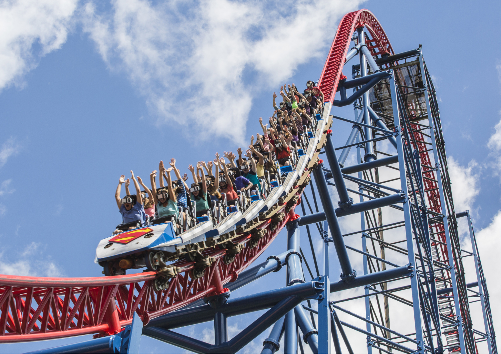 Superman - The Ride Virtual Reality Coaster at the Six Flags New England theme park. Riders are wearing Gear VR virtual reality headsets.