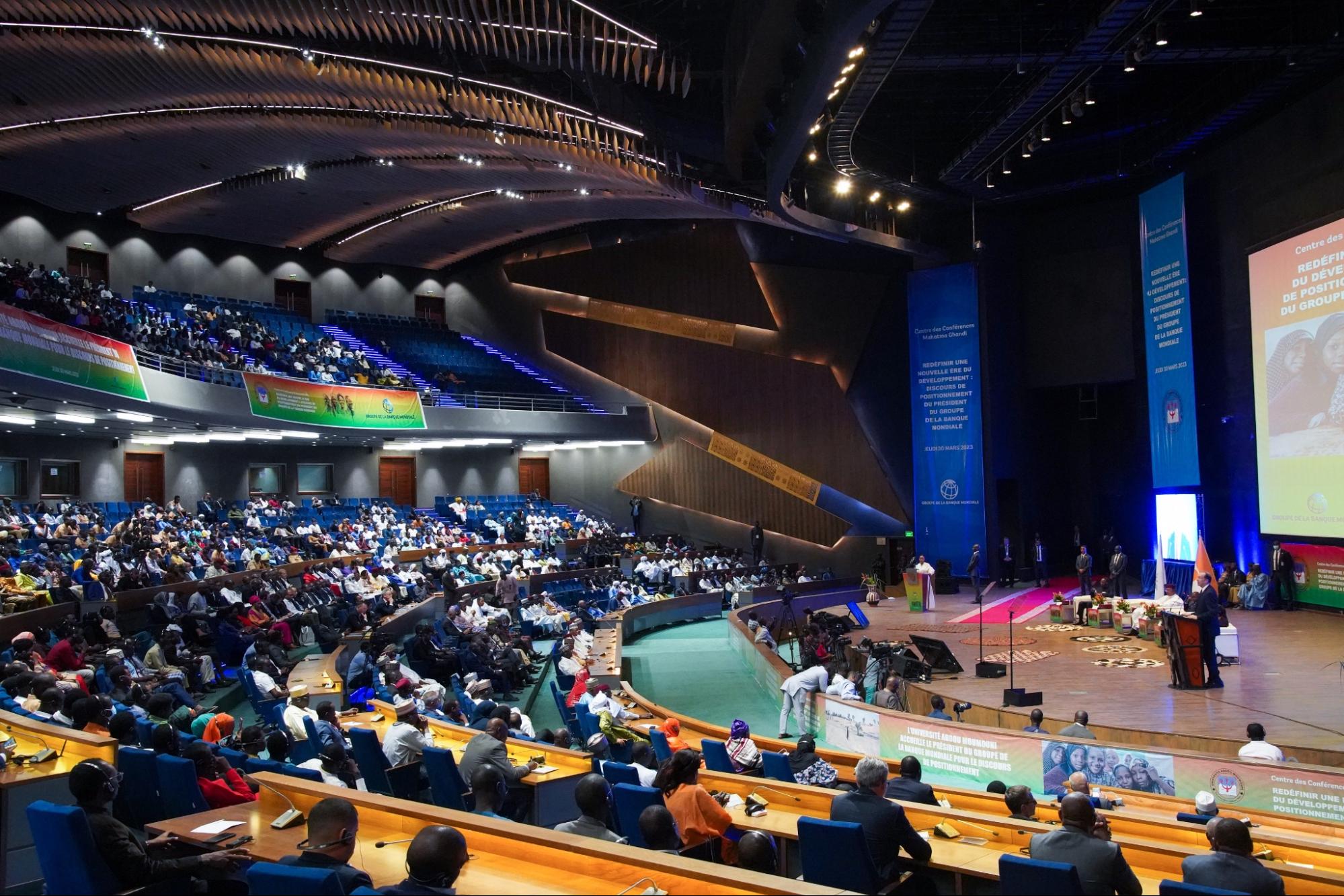 World Bank Group President David Malpass delivers his 2023 Spring Meetings Positioning Speech at the Mahatma Gandhi International Convention Center to a couple hundred attendees.