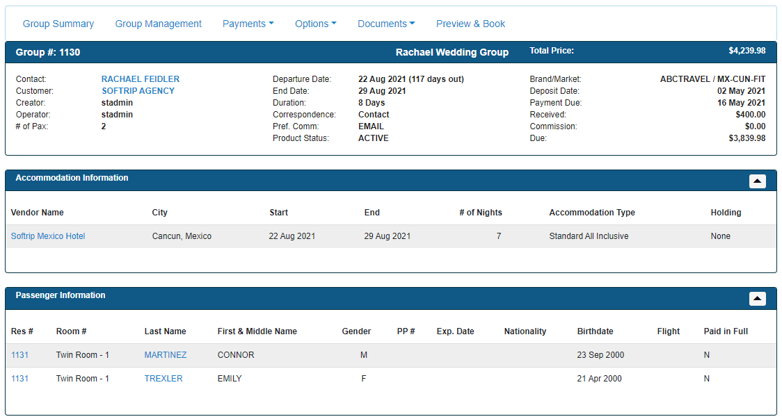 A screenshot of a customer record in a Softrip database showing a group reservation with accommodation and passenger information.