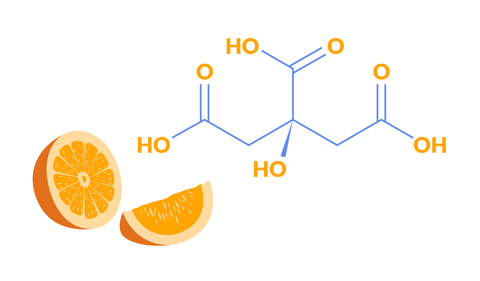 The chemical formula (C₆H₈O₆) of Vitamin C (citric acid) in the background, with a sliced orange in the front.