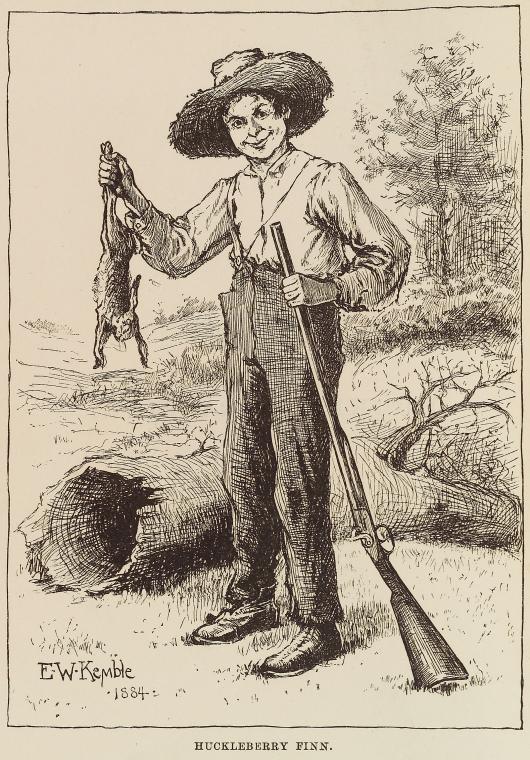 Cover art for Adventures of Huckleberry Finn, showing Huckleberry Finn in a straw hat holding a gun and a dead rabbit.