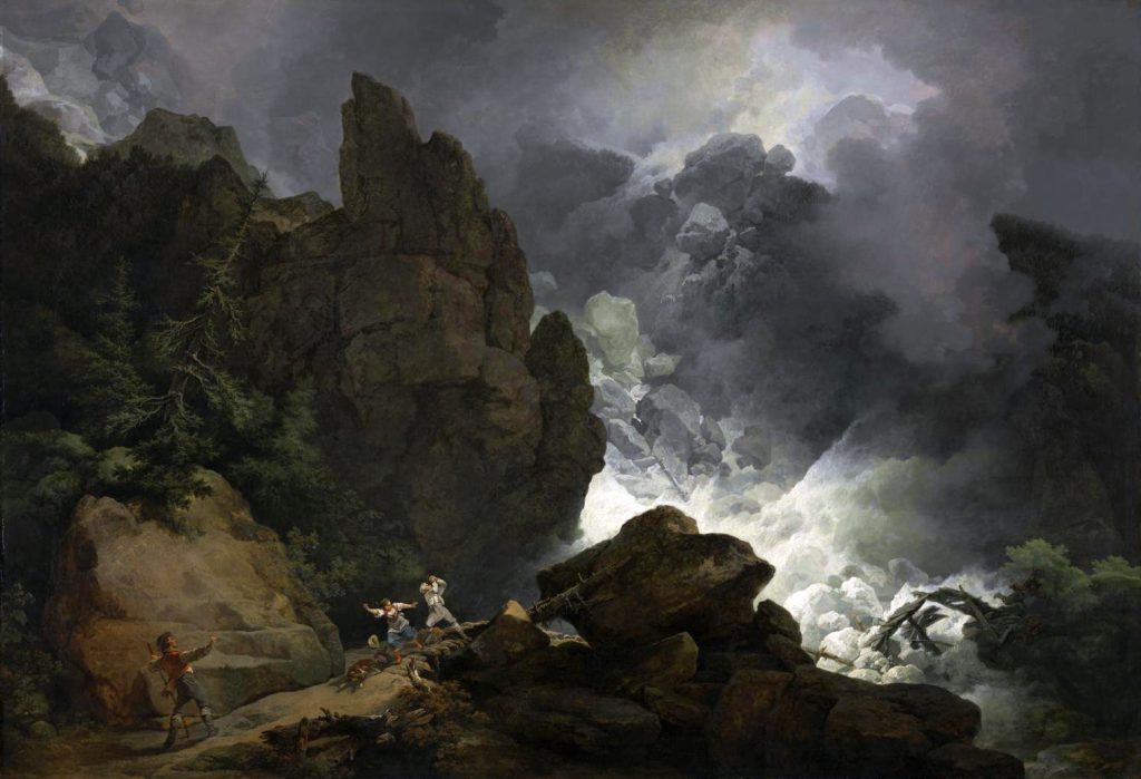 A dramatically lit oil painting of the powerful destruction of an active avalanche and several travelers fleeing to safety.