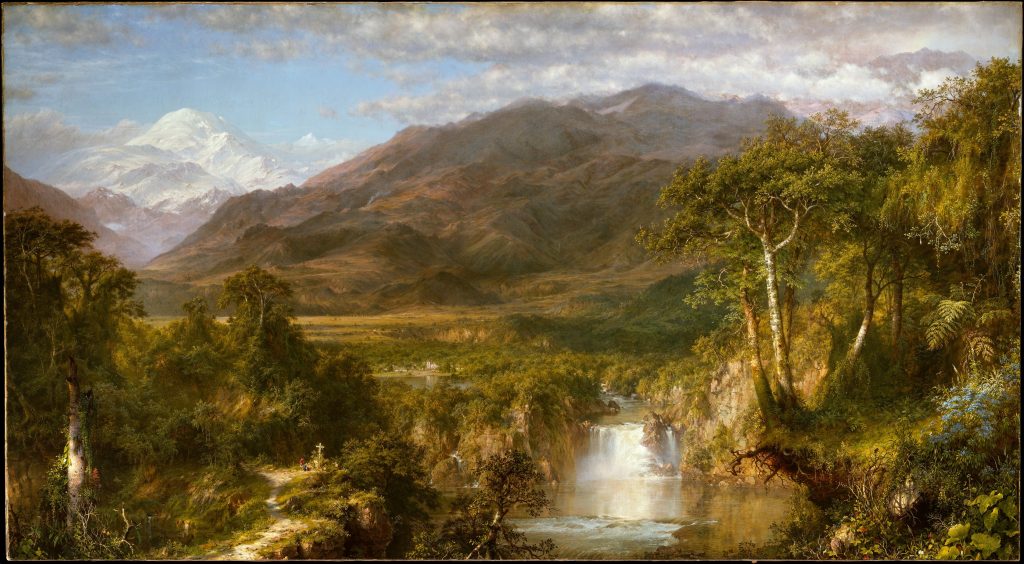 An oil painting of a vast, green, and wild landscape, including a river with a small waterfall, a tiny village, and distant mountains.