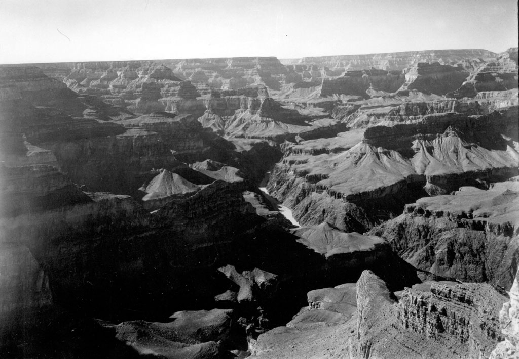 Black and white aerial photograph of the Grand Canyon circa 1935.