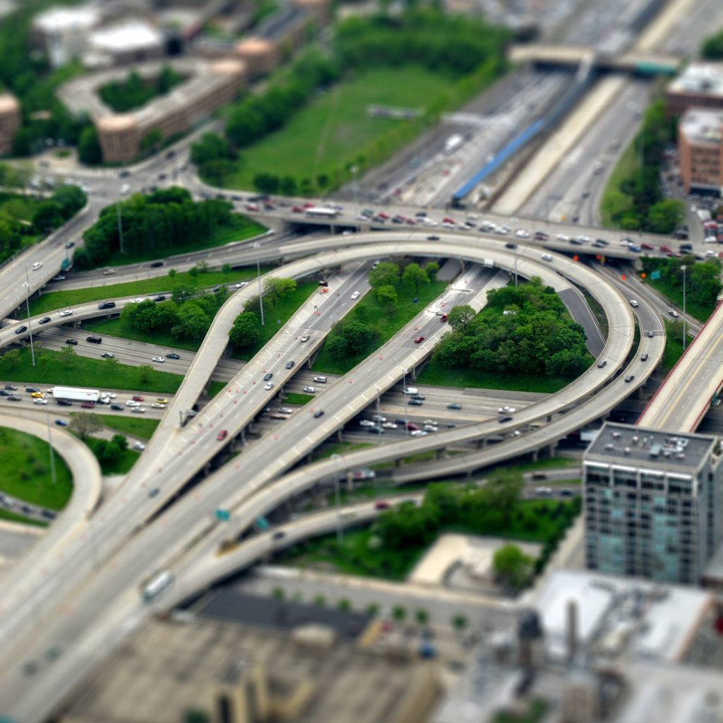 An aerial photograph of a busy highway exchange.