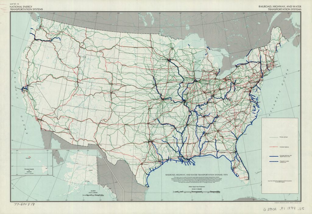 A plain map of the United States with state borders and waterways as the backdrop to vast and spreading networks of railroad, highway, and water transportation systems.