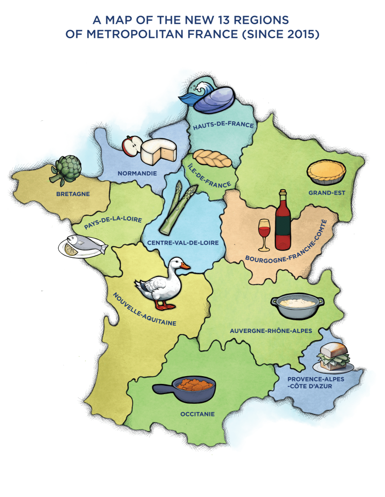 An illustrated map of the 13 regions of France with iconic food items.