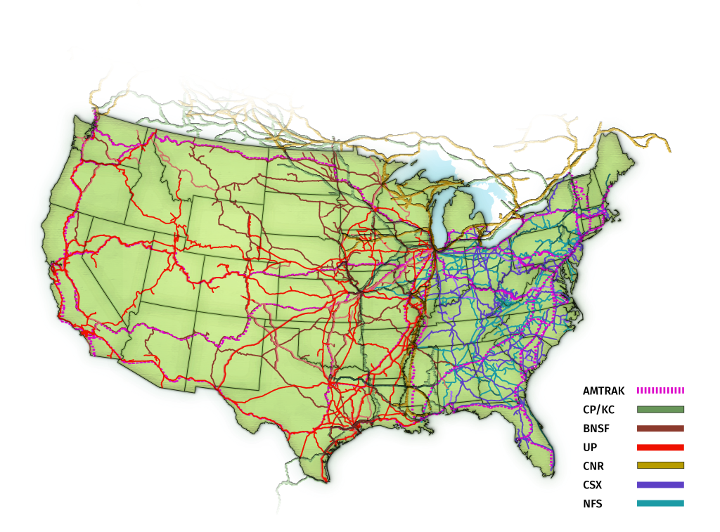 A map of the US with state borders, showing in various colors the rail lines across the US and southern Canada.