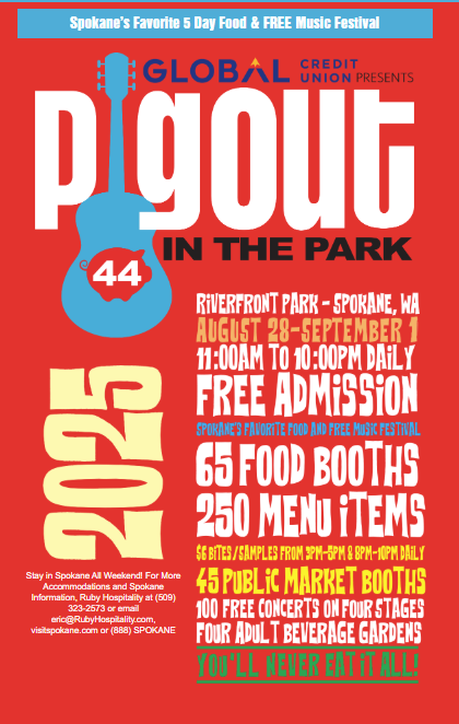 A bright red flyer advertising an event: Pig Out in the Park #44, 2025. The location, dates, offerings, and other details are in bright colors on the poster.
