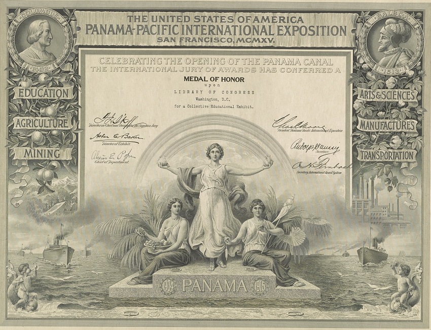 A parchment-color award celebrating the Panama-Pacific International Exposition. The central image is a woman bridging the two seas on a podium labeled Panama: 1904-1915.