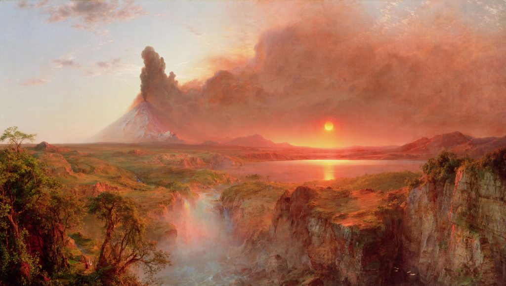 An oil painting of a broad landscape, featuring a lake spilling into a waterfall over cliffs, and a distant volcano throwing smoke high into the air, almost obscuring the rising or falling sun and casting a reddish-orange light over the rest of the landscape.