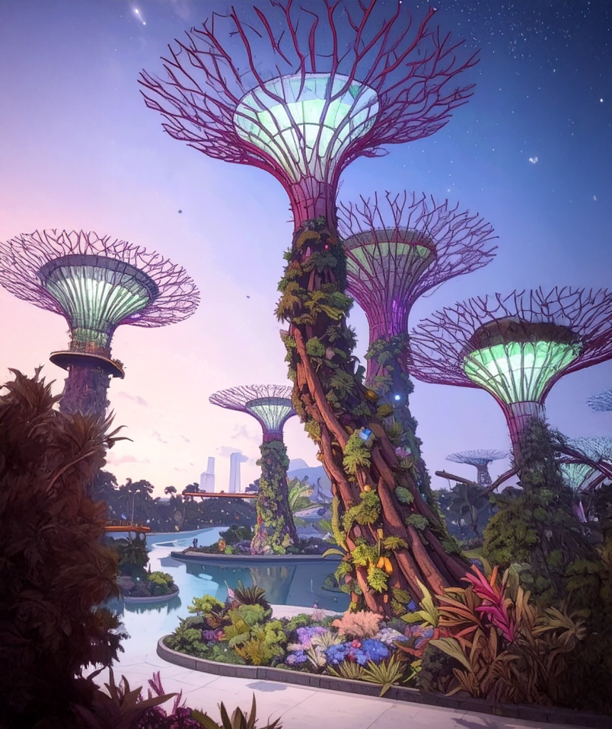 Lampposts shaped like trees rise from beds of blossoming flora between curved walkways.
