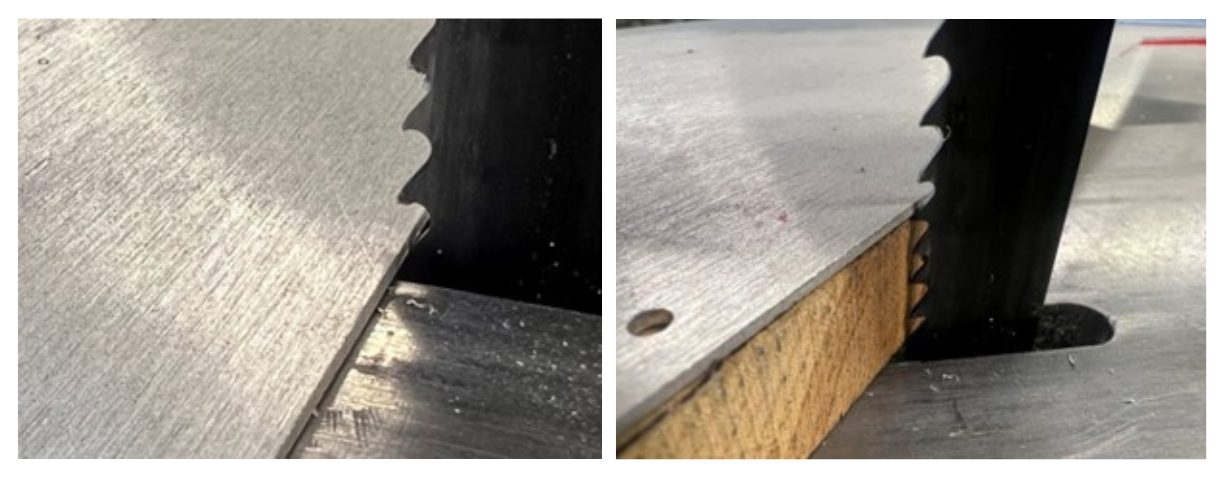 The three tooth rule. Left; part of the image is too thin. Right part of the image; use expendable material to build up thickness to more than three teeth on the saw.