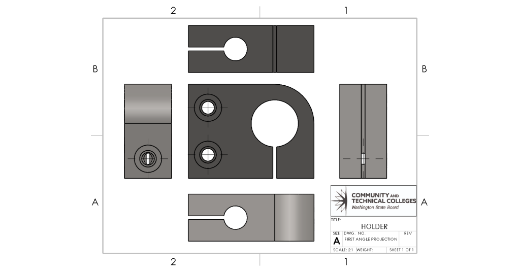 A part represented in first angle projection.