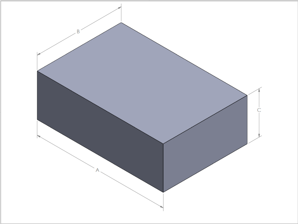 A 1-2-3 block is displayed in an isometric view with the length, width, and depth represented by an A for length, a B for width, and a C for depth.