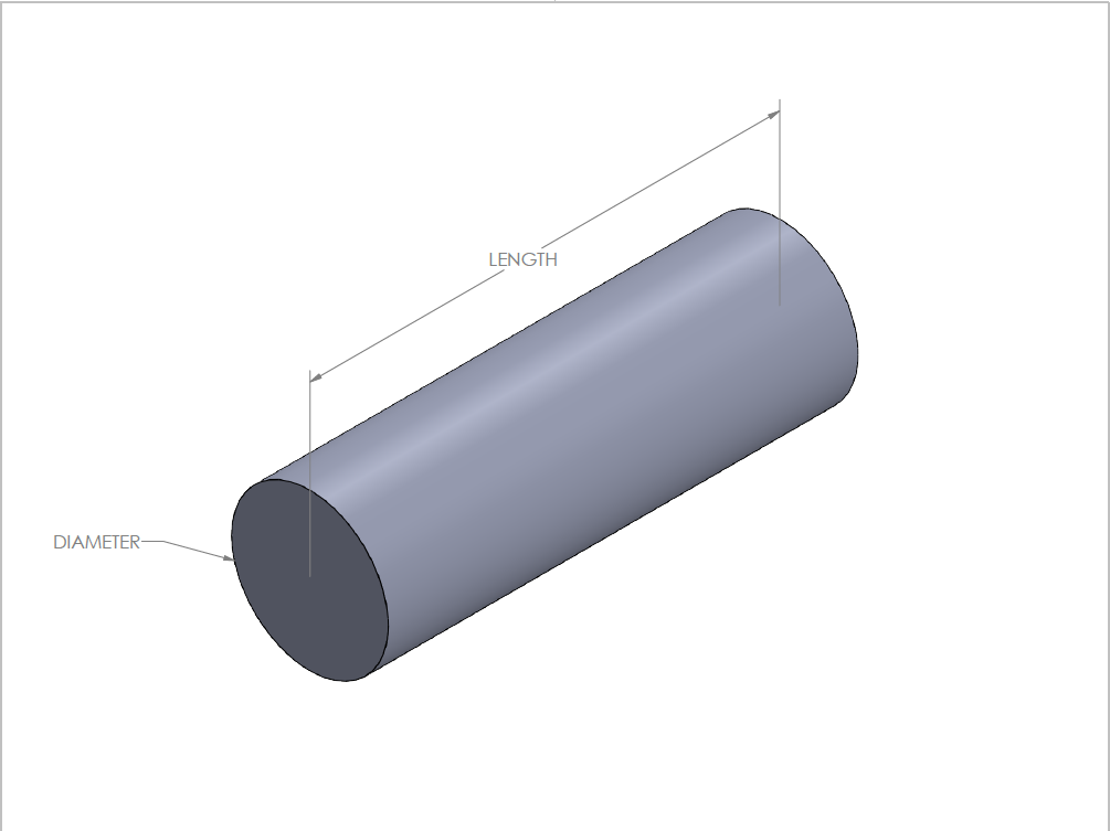 A cylinder in isometric view displays only diameter and length to define the shape.