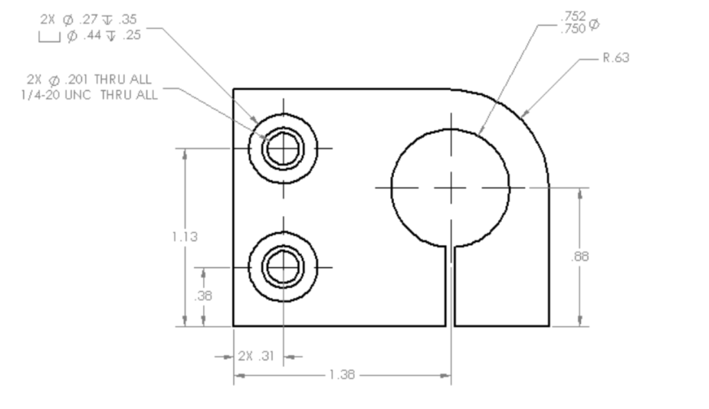 A part with a rounded corner has a leader line connecting the dimension of .63” to the rounded edge of the part.