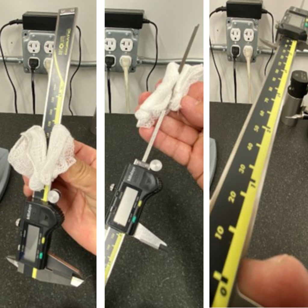In this three-part image, the first two parts show rubbing alcohol on a piece of gauze and wiping across surfaces on a slide micrometer to clean the surface. The third part of this image depicts a clean micrometer.