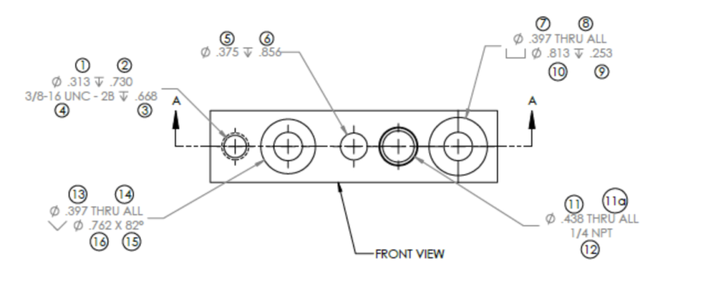 A part with five different hole features illustrates hole callouts.
