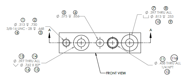 A part with five different hole features includes a threaded hole callout.