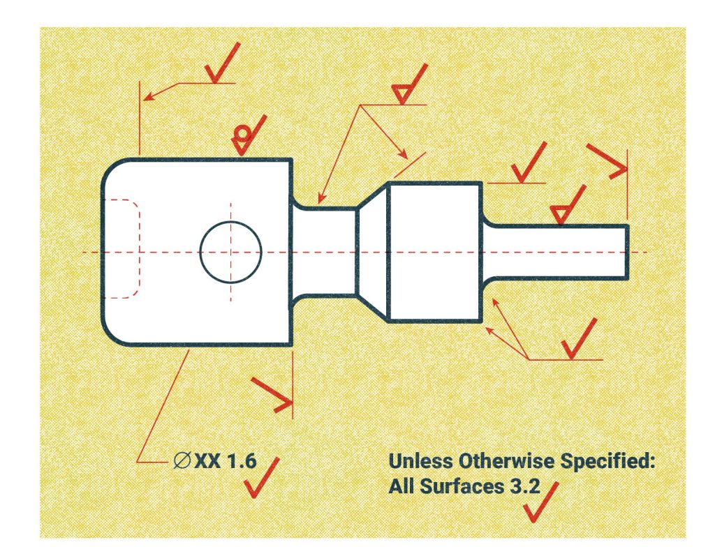 A sample part has check mark symbols in varying shapes attached to the surface of the part denoting the surface finish for those specific surfaces.