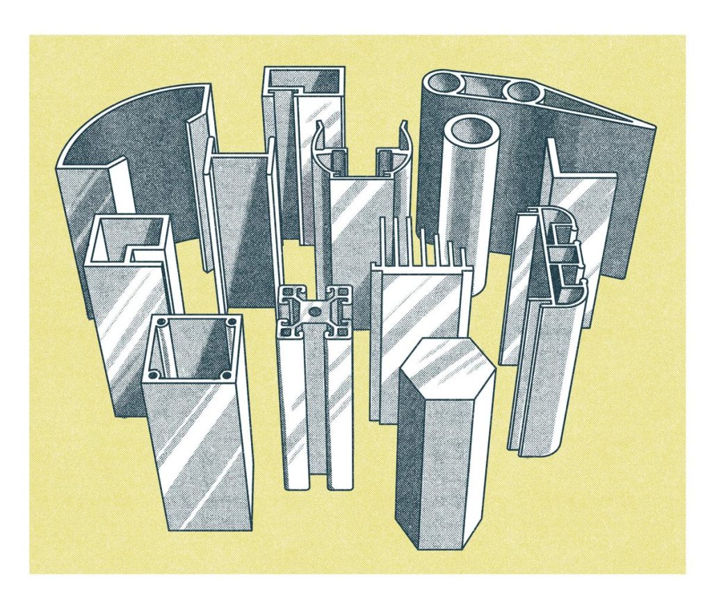 An assortment of shapes extruded from aluminum.