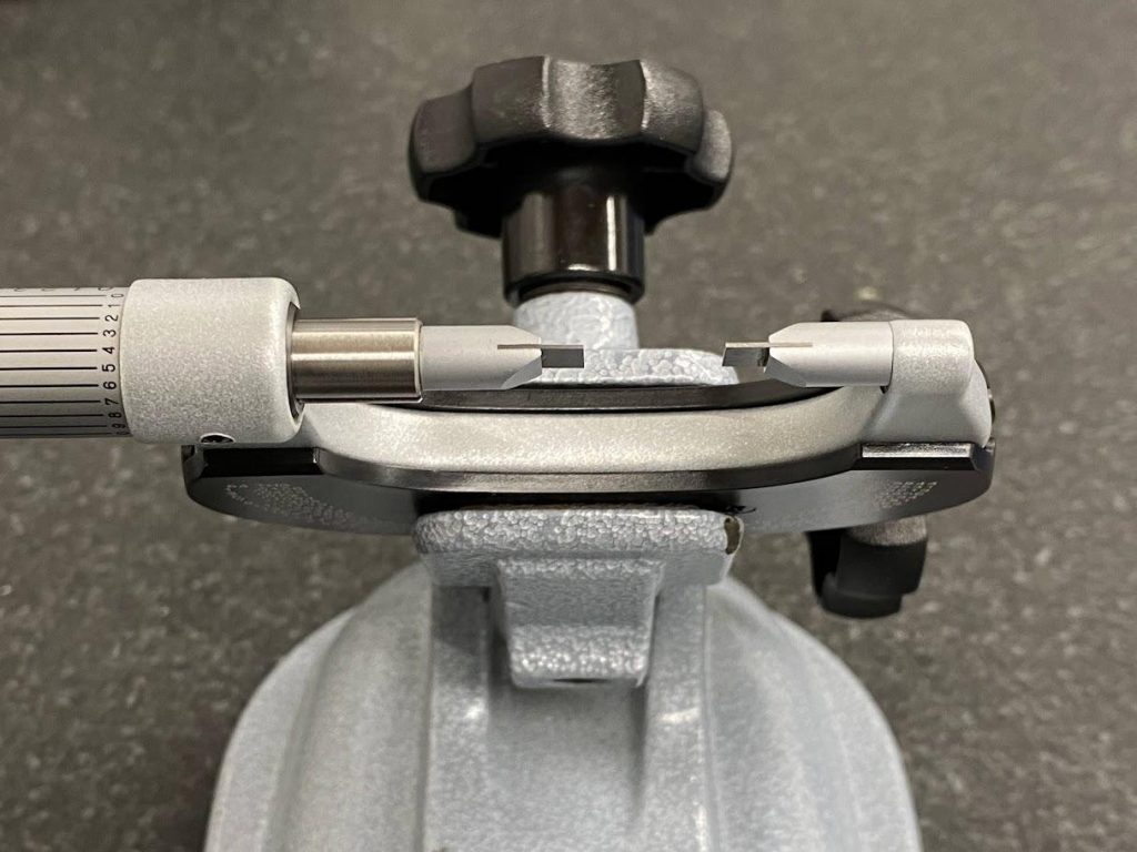 Close up view of the thin blades on a blade micrometer.