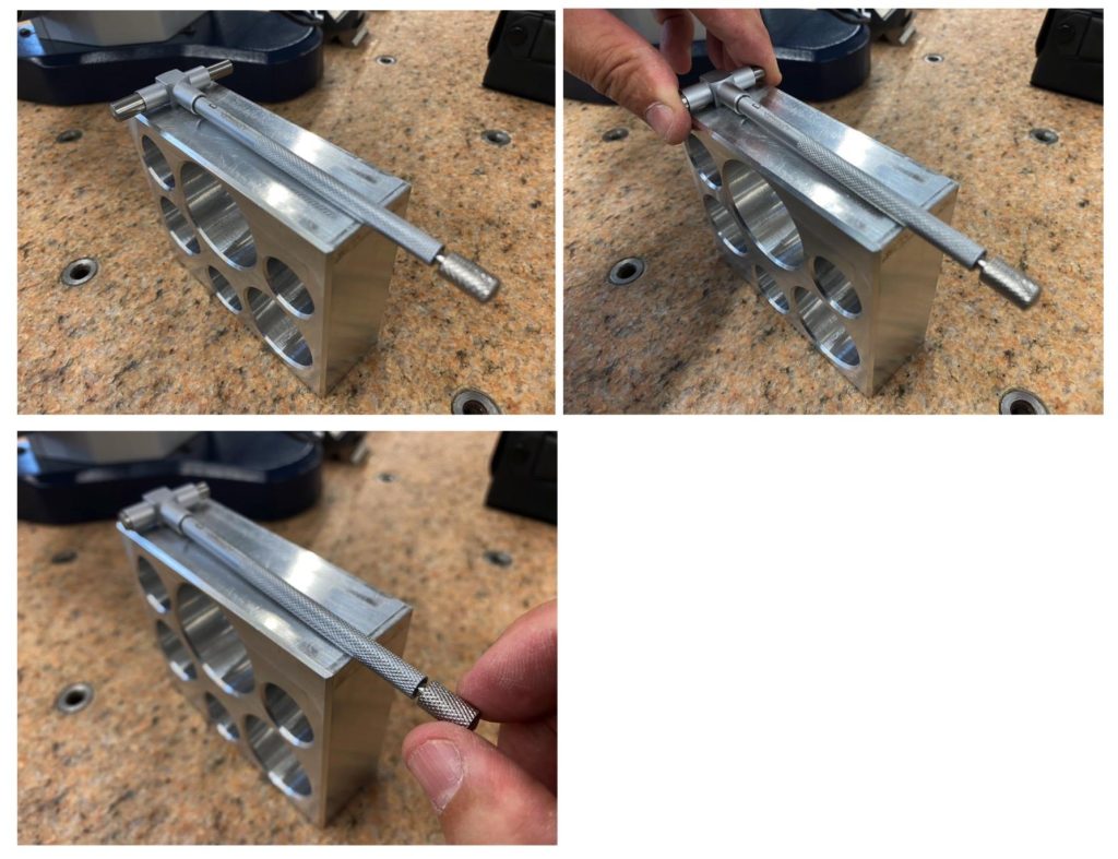A progression of three photos showing the snap gage arms extended, retracted and locked in place with a thumb screw.