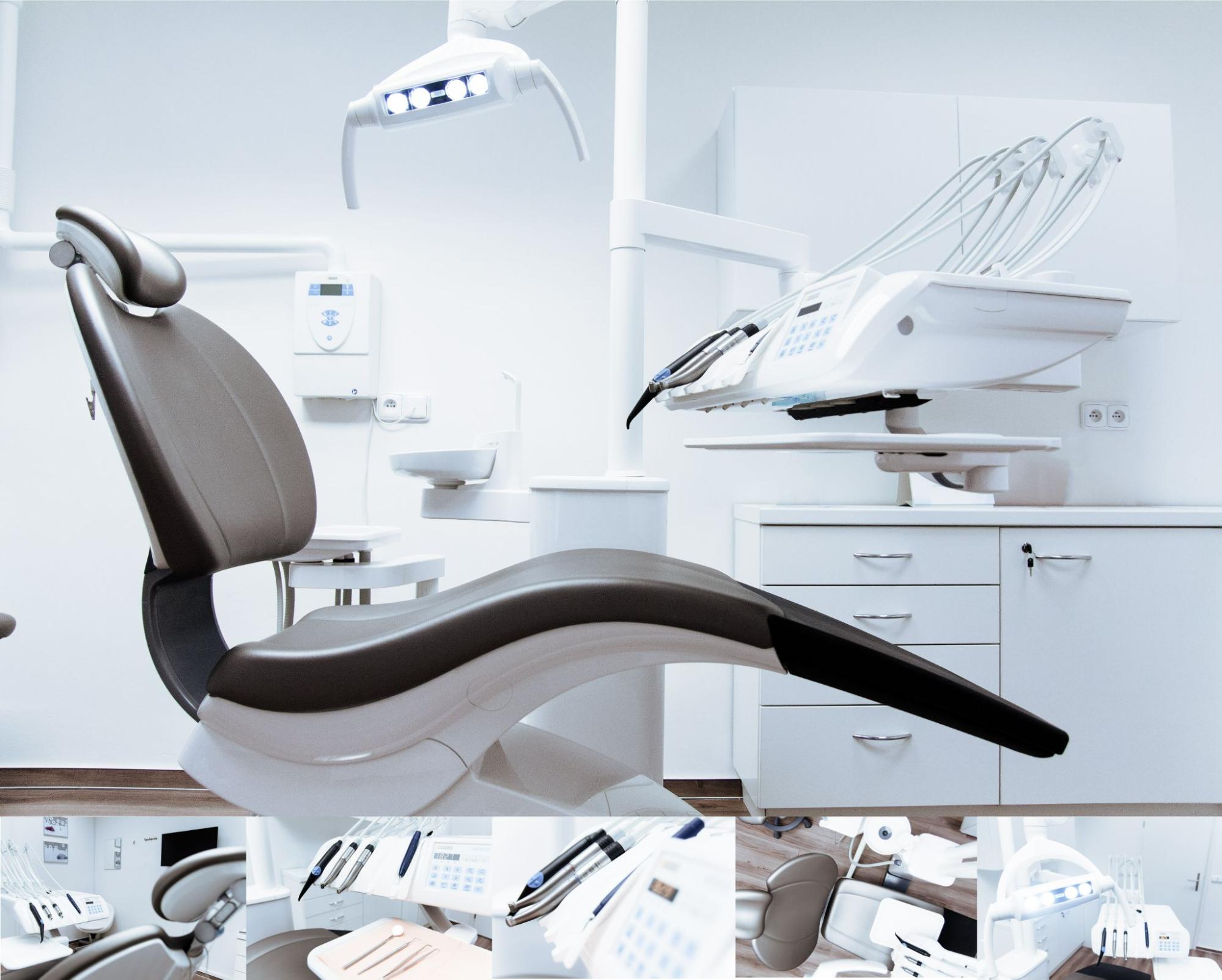 Image of a black and white dental office chair and equipment