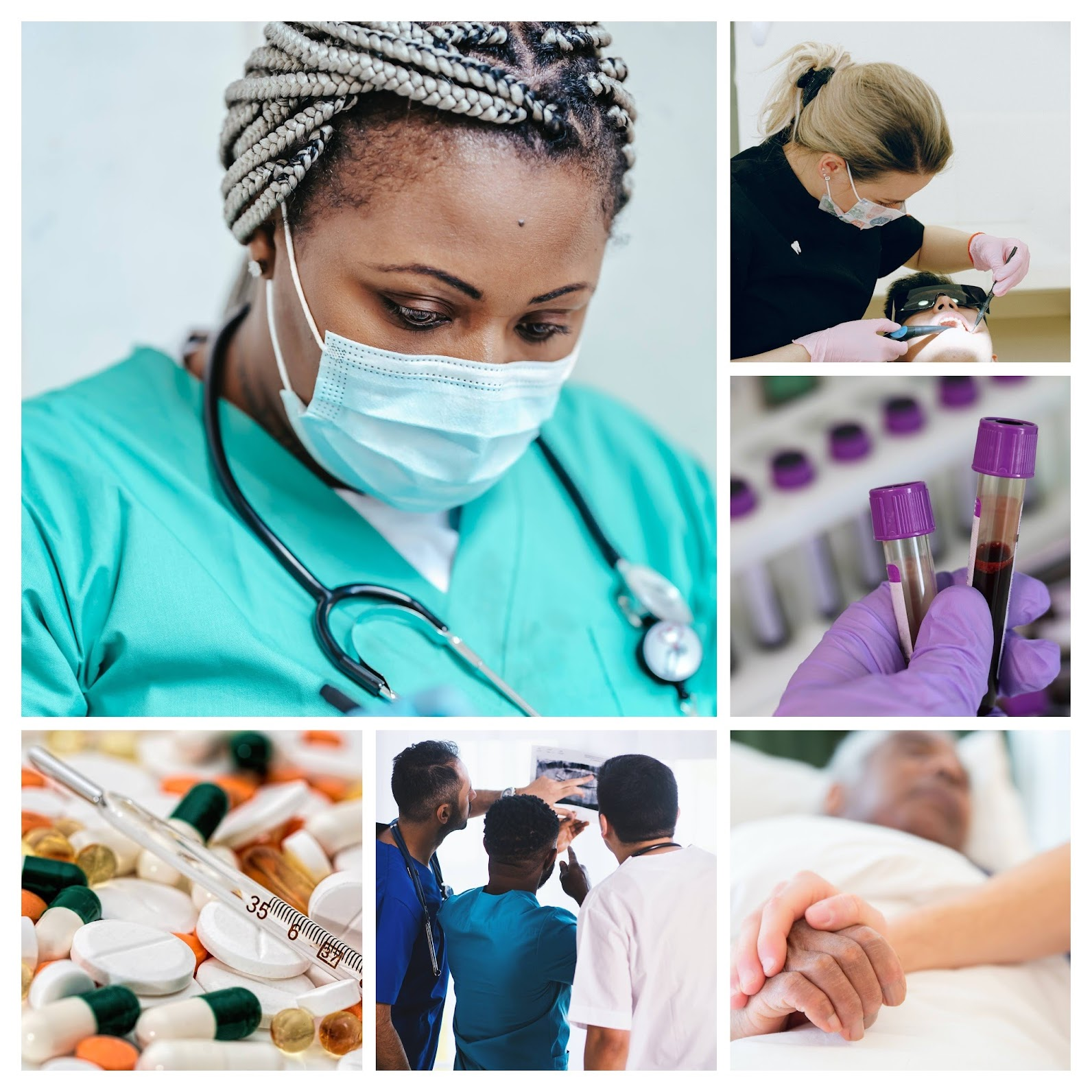 There are several images in a collage. A black woman is wearing a teal scrub top with a stethoscope around her neck. A young blond woman in a black scrub is with a patient in a dental chair with dental tools in the patient’s mouth. Someone wearing a purple glove holds up two tubes of blood with purple tops. A picture of several types of pills, white, orange, green and white capsules, amber colored gel pills, a glass thermometer. 3 men are looking at a dental xray. Their backs are to the viewer. One is pointing at a specific area of the xray. A caucasian person’s forearm is visible holding the hand an elderly man with brown skin.