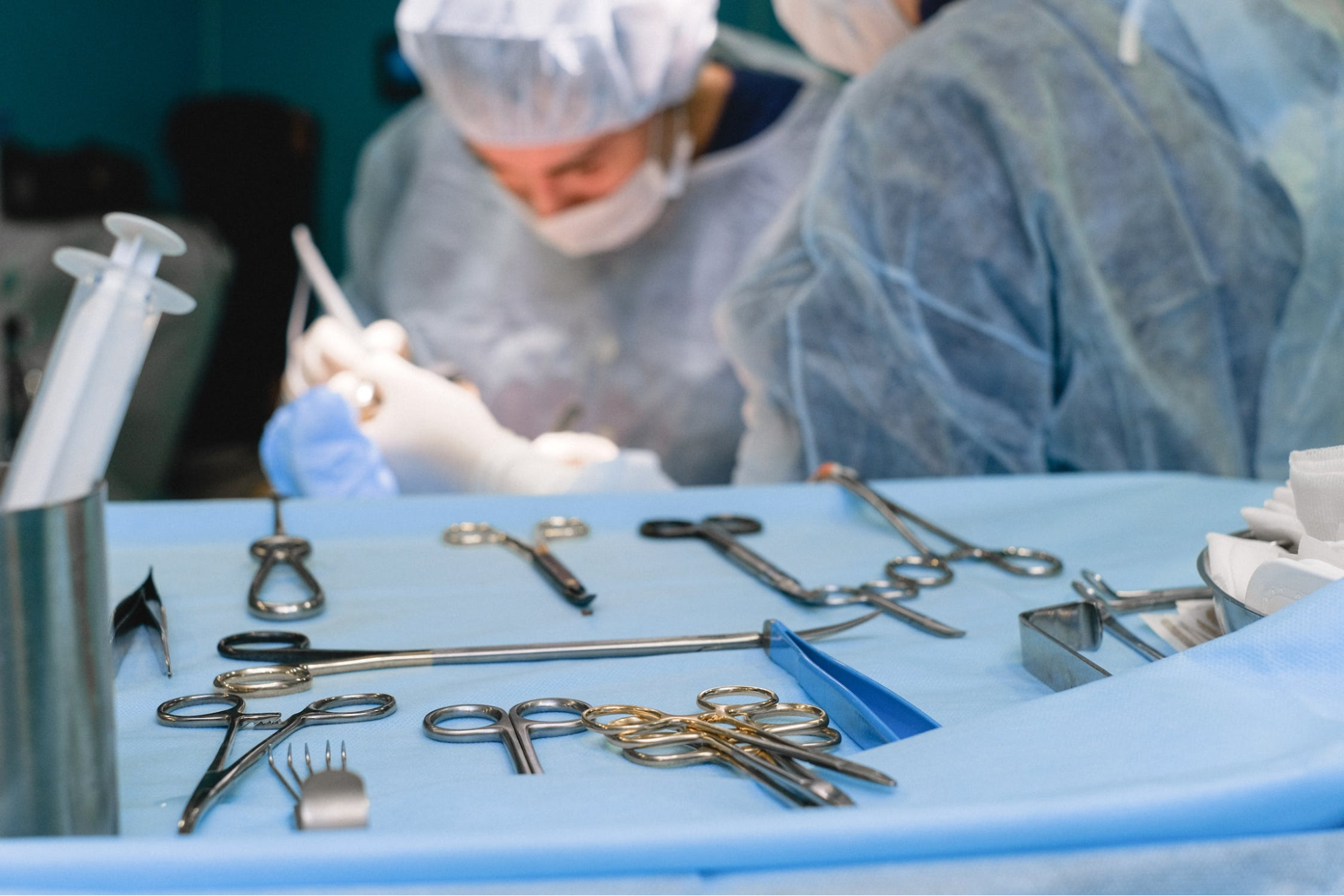 Tray of surgical instruments in an operating room