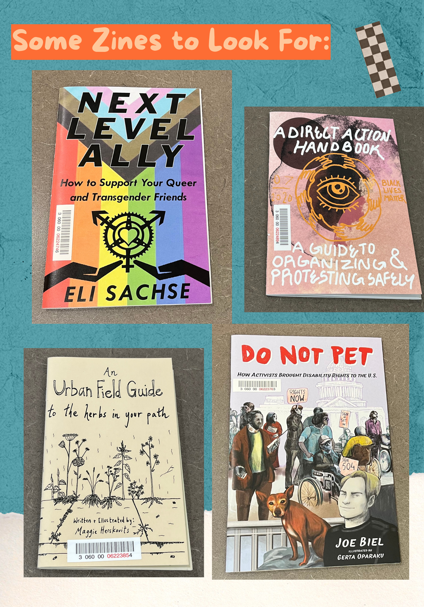 Some zines to look for: Next Level Ally by Eli Sachse, A Direct Action Handbook A Guide to Organizing and Protesting Safely, An Urban Field Guide to the herbs in your path, Do Not Pet