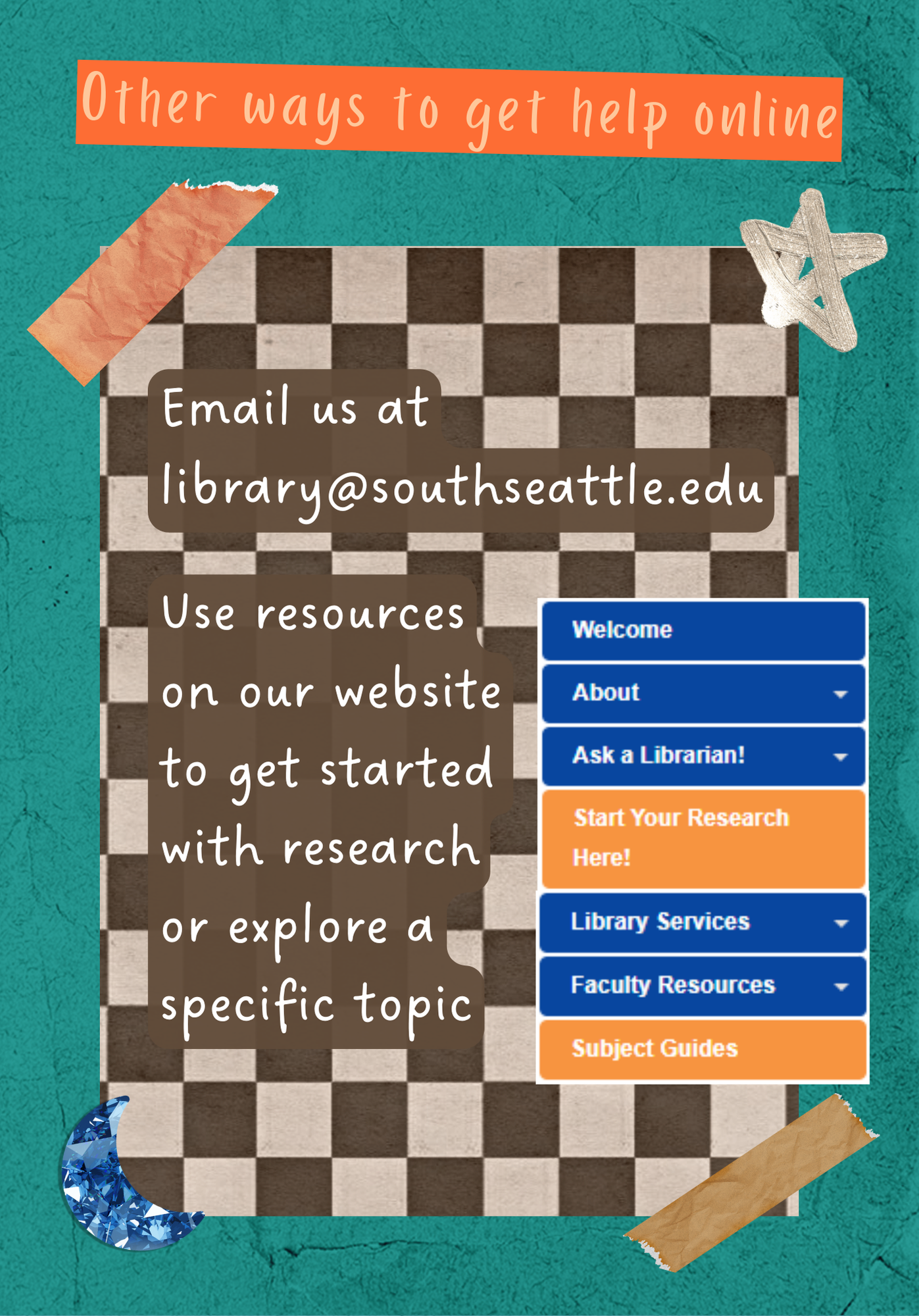 Other ways to get help online Email us at library@southseattle.edu Use resources on our website to get started with research or explore a specific topic