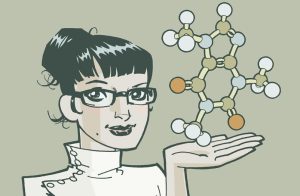 A cartoon scientist holding a stylized molecule.