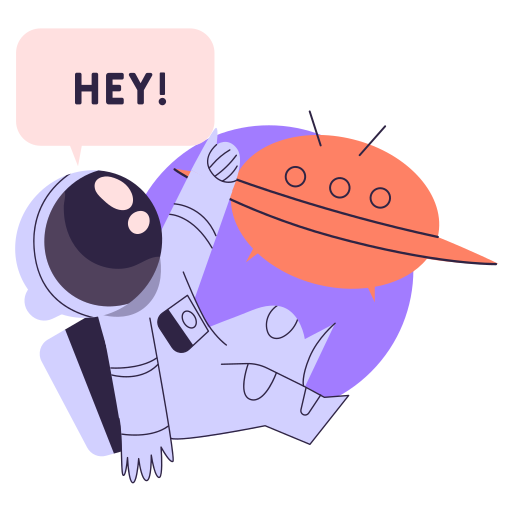 Astronaut waving at a pinkish-red UFO with a speech bubble over their mouth that says "Hey!"