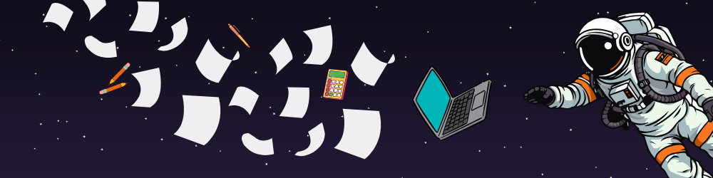 An astronaut floating in space reaching towards a laptop with fluttering sheets of paper and school supplies stretching into the distance.