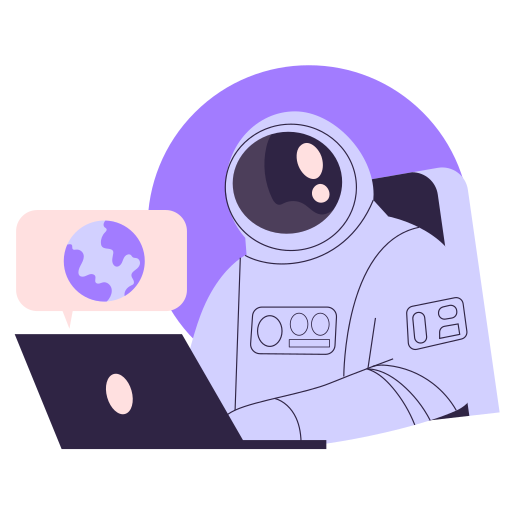 An astronaut at a laptop searching for earth.