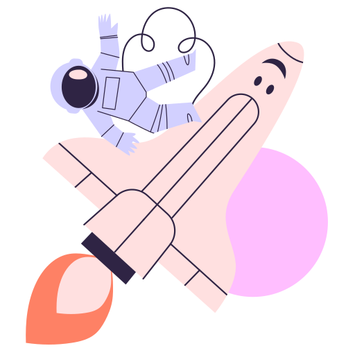 An astronaut floating in space, tethered to a rocket ship.