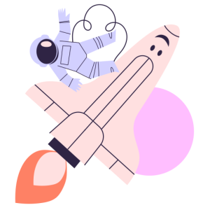 Astronaut precariously balancing on a smiling pink rocket as it jets away into the air.
