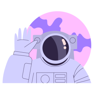 Astronaut waves and a pink and purple planet appears suspended in the background.