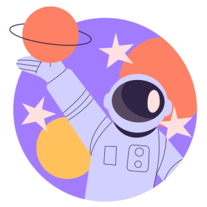 Astronaut spinning a red planet on their hand with planets and stars in the background.