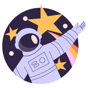 Astronaut with their arms open in joy and welcome with stars, small circles and a multicolored rainbow in the galaxy behind them.
